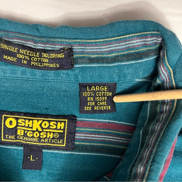 Vintage Men’s Oskkosh B’Gosh Striped Teal Shirt Size Large - Picture 7 of 16